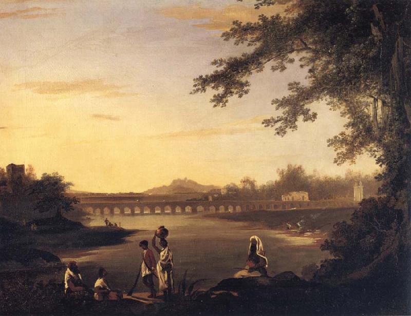 unknow artist A View of Marmalong Bridge with a Sepoy and Natives in the Foreground oil painting image